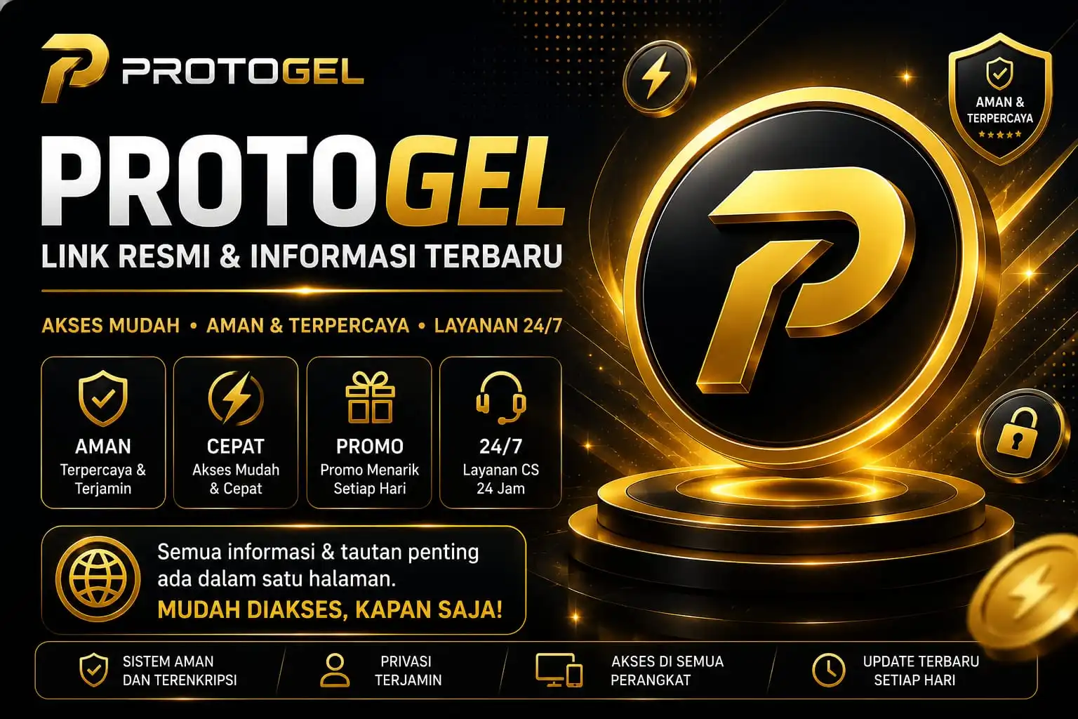 Banner Protogel menampilkan logo premium, link resmi, promo menarik, akses mudah, dan layanan 24 jam